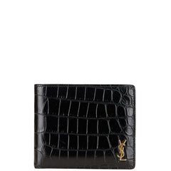 サンローラン YSLロゴ クロコ型押し 二つ折り財布 ブラック レザー レディース SAINT LAURENT 【中古】