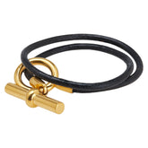 エルメス グレナン 2連 ブレスレット チョーカー ブラック ゴールド レザー メッキ レディース HERMES 【中古】