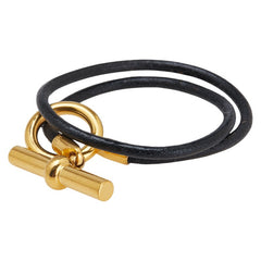 エルメス グレナン 2連 ブレスレット チョーカー ブラック ゴールド レザー メッキ レディース HERMES 【中古】