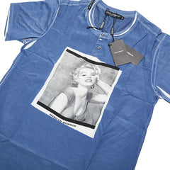 ドルチェアンドガッバーナ マリリンモンロー 切り替え ヘンリーネックTシャツ サイズ:44 ブルー コットン シルク メンズ DOLCE&GABBANA 【中古】