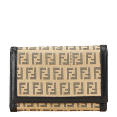 フェンディ ズッキーノ 二つ折り財布 8M0029 ベージュ ブラック キャンバス レザー レディース FENDI 【中古】