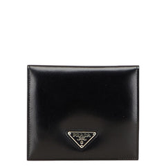プラダ 三角ロゴプレート 二つ折り財布 M661 ブラック レザー レディース PRADA 【中古】
