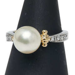 Pt900 プラチナ K18YG イエローゴールド コンビ アコヤパール9.2mm ダイヤ0.11ct リング 指輪 レディース 14号 【中古】