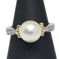 Pt900 プラチナ K18YG イエローゴールド コンビ アコヤパール9.2mm ダイヤ0.11ct リング 指輪 レディース 14号 【中古】