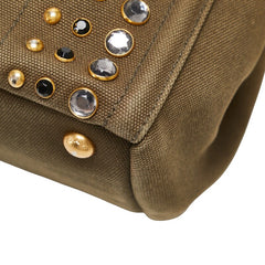 プラダ 三角ロゴプレート カナパ ビジュー スタッズ ハンドバッグ カーキグリーン キャンバス レディース PRADA 【中古】