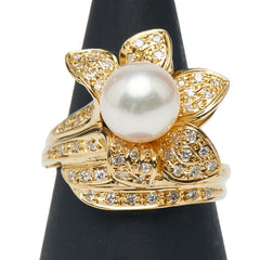 K18YG イエローゴールド アコヤパール8mm ダイヤ0.27ct 花 フラワー モチーフ リング 指輪 レディース 11号 【中古】