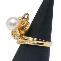 K18YG イエローゴールド アコヤパール8mm ダイヤ0.27ct 花 フラワー モチーフ リング 指輪 レディース 11号 【中古】