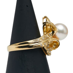 K18YG イエローゴールド アコヤパール8mm ダイヤ0.27ct 花 フラワー モチーフ リング 指輪 レディース 11号 【中古】