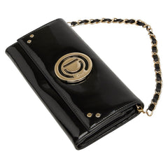 ディオール ロゴ チェーン ウォレット 長財布 ハンドバッグ ブラック ゴールド パテントレザー レディース Dior 中古