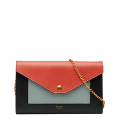 セリーヌ ポケット トライフォールデッド チェーン ウォレット ショルダーバッグ ブラック オレンジ グレー レザー レディース CELINE 【中古】