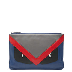 フェンディ バッグバグズ モンスター クラッチバッグ 7N0078 ブルー グレー レッド レザー レディース FENDI 【中古】