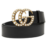 グッチ ダブルG ベルト 80.32 453260 ブラック ゴールド レザー フェイクパール メンズ GUCCI 【中古】