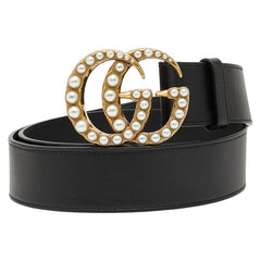 グッチ ダブルG ベルト 80.32 453260 ブラック ゴールド レザー フェイクパール メンズ GUCCI 【中古】
