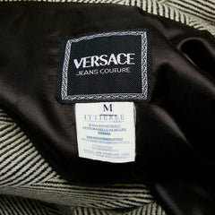 ヴェルサーチェ ジーンズクチュール ヘリンボーン ダブルブレストコート サイズM アイボリー ブラック ウール アセテート メンズ VERSACE 【中古】