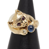 K18YG イエローゴールド ルビー サファイア キャットモチーフ リング 指輪 レディース 4.5号 【中古】