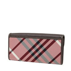 バーバリーブルーレーベル ノバチェック 長財布 ブラウン レッド ナイロン レザー レディース BURBERRY BLUE LABEL 【中古】