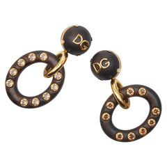ドルチェアンドガッバーナ フープ ラインストーン イヤリング ゴールド ブラウン メッキ ウッド レディース DOLCE&GABBANA 【中古】