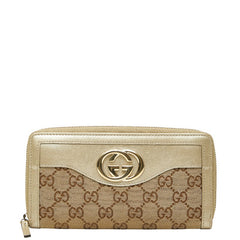 グッチ GGキャンバス インターロッキングG ラウンドファスナー 長財布 308012 ベージュ ゴールド キャンバス レザー レディース GUCCI 【中古】