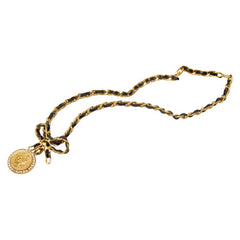 シャネル ヴィンテージ コイン リボン ネックレス ゴールド ブラック メッキ レザー ラインストーン レディース CHANEL 【中古】