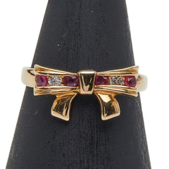 K18YG イエローゴールド ルビー0.036ct ダイヤ リボン モチーフ リング 指輪 レディース 5号 【中古】