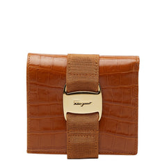 サルヴァトーレフェラガモ ヴァラリボン 二つ折り財布 ブラウン レザー クロコ型押し レディース Salvatore Ferragamo 【中古】