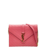 サンローラン Vステッチ YSLロゴ 斜め掛け チェーン ショルダーバッグ ピンク レザー レディース SAINT LAURENT 【中古】