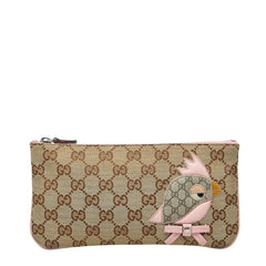 グッチ GGキャンバス パパガッロ オウム ポーチ ベージュ ピンク キャンバス レザー レディース GUCCI 【中古】