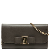 サルヴァトーレフェラガモ ヴァラリボン チェーン ショルダーウォレット 長財布 ブラウン レザー レディース Salvatore Ferragamo 【中古】