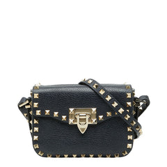 ヴァレンティノ スタッズ ショルダーバッグ ネイビー ゴールド レザー レディース VALENTINO 【中古】