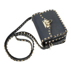 ヴァレンティノ スタッズ ショルダーバッグ ネイビー ゴールド レザー レディース VALENTINO 【中古】