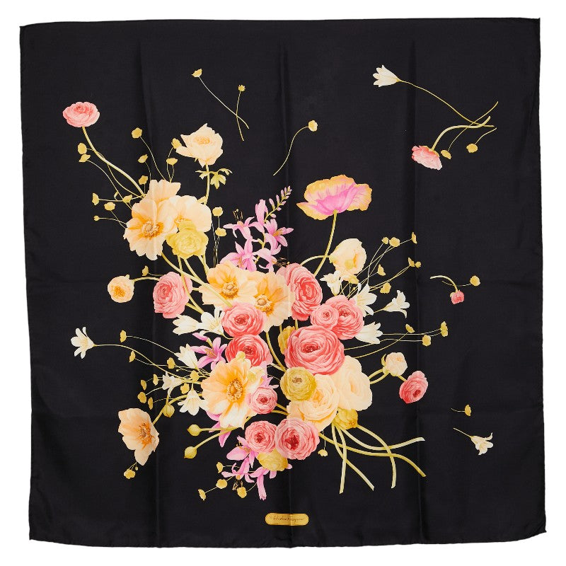 新品　Salvatore Ferragamo 花柄　シルクスカーフ サルヴァトーレフェラガモ フラワー 花柄 スカーフ ブラック マルチ
