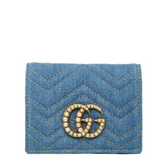 グッチ GGマーモント 二つ折り財布 コンパクトウォレット 466492 ブルー デニム フェイクパール レディース GUCCI 【中古】