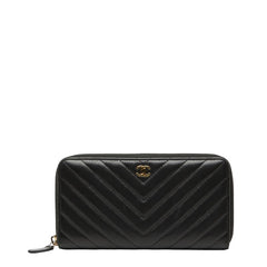 シャネル ココマーク シェブロン ラウンドファスナー 長財布 ブラック ラムスキン レディース CHANEL 【中古】