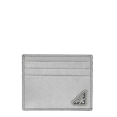 プラダ 三角ロゴプレート カードケース シルバー レザー レディース PRADA 中古