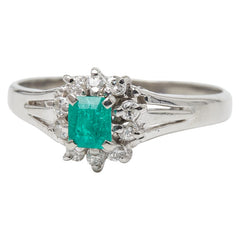 Pt900 プラチナ エメラルド0.20ct ダイヤ0.15ct フラワーモチーフ リング 指輪 レディース 8.5号 【中古】