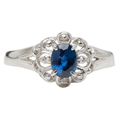 Pt900 プラチナ サファイア0.59ct ダイヤ0.02ct フラワーモチーフ リング 指輪 レディース 15号 【中古】
