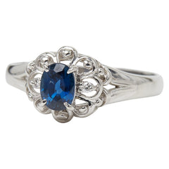 Pt900 プラチナ サファイア0.59ct ダイヤ0.02ct フラワーモチーフ リング 指輪 レディース 15号 【中古】