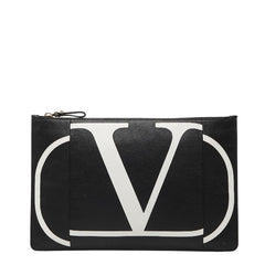 ヴァレンティノ V ロゴ クラッチバッグ ブラック ホワイト レザー レディース VALENTINO 【中古】