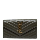 サンローラン カサンドラ Vステッチ 長財布 372264 カーキ レザー レディース SAINT LAURENT 【中古】