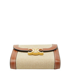 セリーヌ トリオンフ スモールフラップウォレット 二つ折り財布 ベージュ ブラウン キャンバス レザー レディース CELINE 【中古】