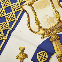 エルメス カレ90 FEUX DE ROUTE 馬車のランタン スカーフ ネイビー アイボリー ゴールド シルク レディース HERMES 【中古】