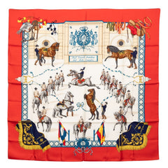エルメス カレ90 REAL ESCUELA ANDALUZA アンダルシア馬術学校 スカーフ レッド マルチカラー シルク レディース HERMES 【中古】