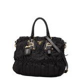 プラダ ギャザー ロゴ トートバッグ ショルダーバッグ 2WAY BN2346 ブラック ナイロン レザー レディース PRADA 【中古】
