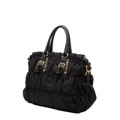 プラダ ギャザー ロゴ トートバッグ ショルダーバッグ 2WAY BN2346 ブラック ナイロン レザー レディース PRADA 【中古】