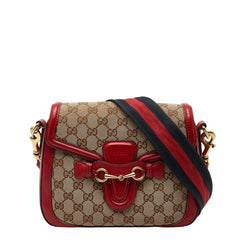 グッチ GGキャンバス シェリーライン 斜め掛け ショルダーバッグ 383848 ベージュ レッド キャンバス レザー レディース GUCCI 中古