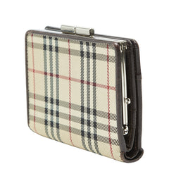 バーバリー ロンドン ノバチェック コンパクト がま口 二つ折り財布 ベージュ キャンバス レザー レディース BURBERRY 【中古】