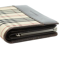 バーバリー ロンドン ノバチェック コンパクト がま口 二つ折り財布 ベージュ キャンバス レザー レディース BURBERRY 【中古】