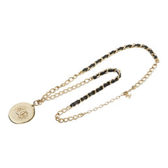シャネル ココマーク チェーン ペンダントネックレス ゴールド ブラック メッキ レザー レディース CHANEL 中古