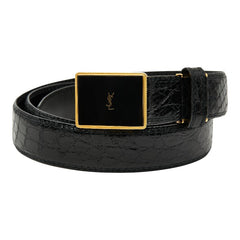 サンローラン YSLロゴ 型押し スクエア バックル ベルト ブラック レザー メンズ SAINT LAURENT 【中古】