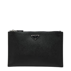 プラダ 三角ロゴプレート クラッチバッグ セカンドバッグ ポーチ ブラック サフィアーノレザー メンズ PRADA 【中古】